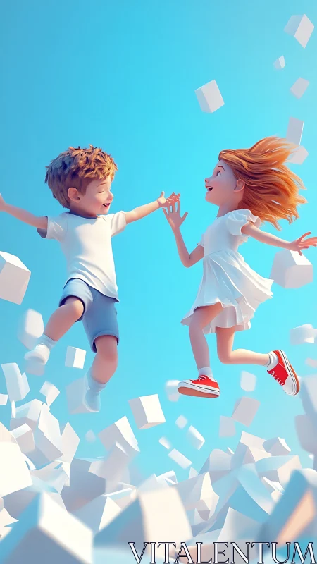 Children Playing Together in Mid-Air Against Bright Blue Sky.