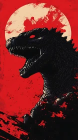 Monochrome kaiju silhouette roars against stylized crimson moon
