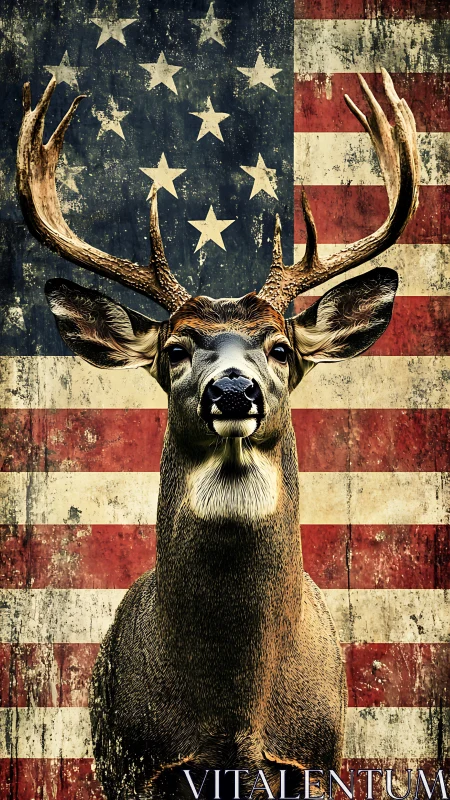 Stag with large antlers before worn American flag backdrop.