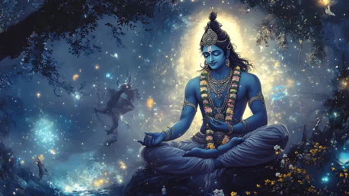 Blue-skinned meditating deity in glowing forest scene.