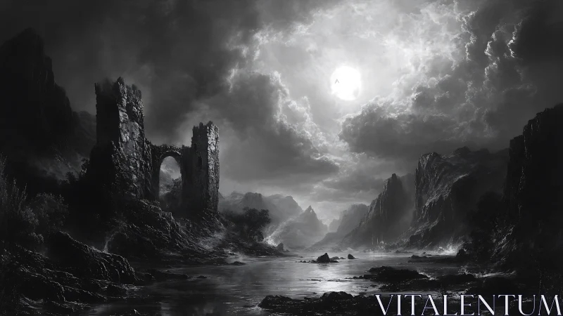 Monochrome ruin arch above misted river under storm moon.