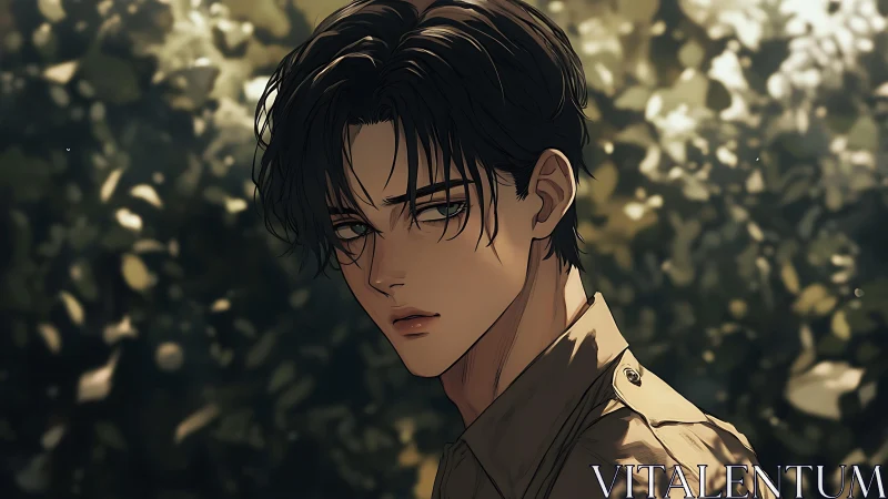 Pensive anime youth rendered against soft bokeh foliage field