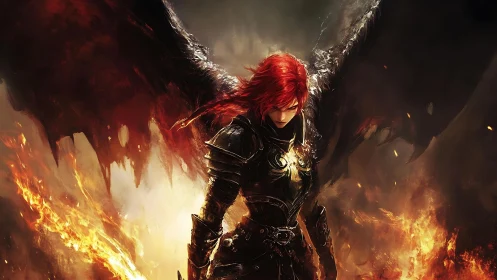 Winged armored figure amid surrounding fire and smoke.