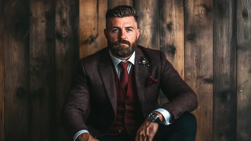 Bearded gentleman seated against rustic wooden backdrop in suit