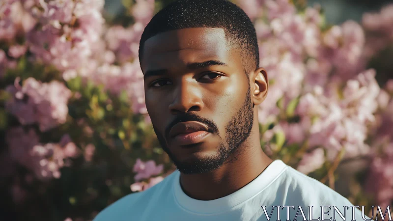 Quiet strength framed in soft pink spring blossom light.