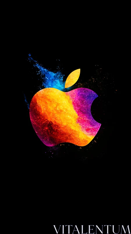 Vibrant colorful apple silhouette glows on deep black background