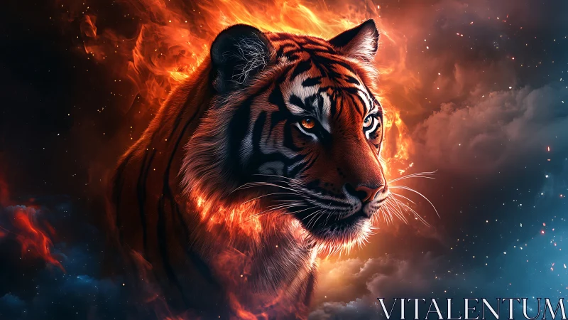 Astrophysical tiger portrait in bifurcated fire and nebula field.