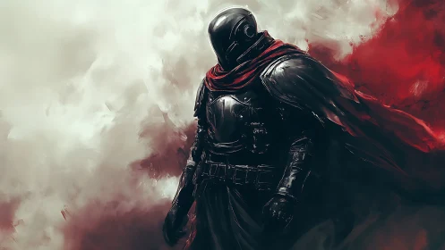 Armored warrior stands in red cloak against storm clouds