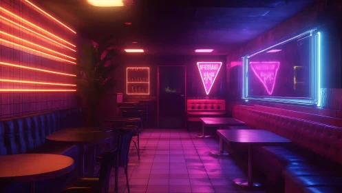 Neon lit bar interior with booths, tables and tiled floor.