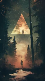 Triangular portal over misty forest and lone figure.