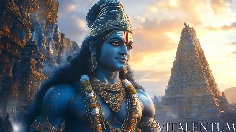 Blue-skinned divine figure before stepped stone temple.