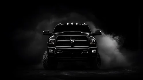 Front-facing black pickup truck in low-key studio lighting.