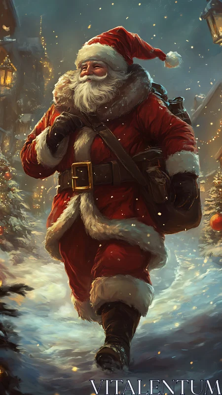 Santa strides through snowy village in warm lantern glow.