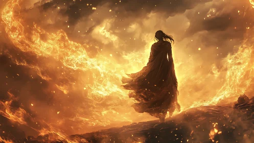 Solitary Figure Stands Amid Inferno of Golden Flame