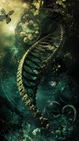Bioluminescent DNA helix rises through an enchanted green void