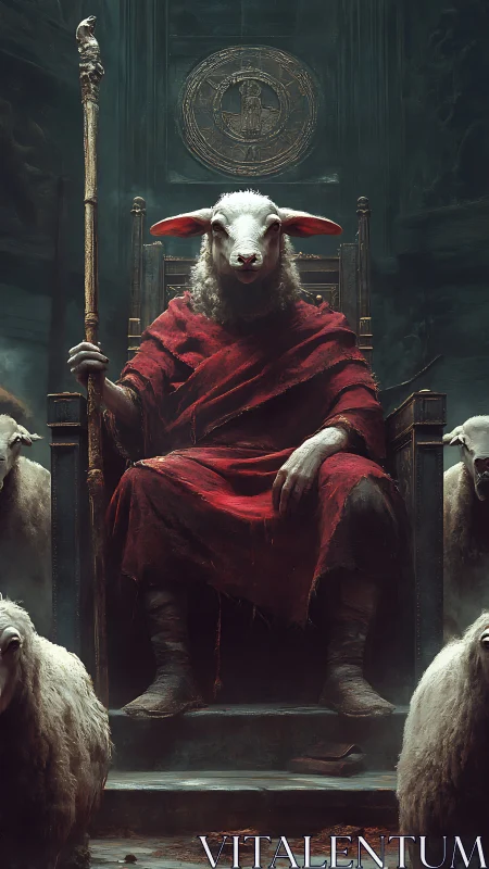 Regal lamb ruler sits enthroned in a dark, mystic hall
