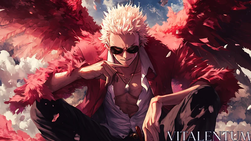 White‑haired figure with red feathered wings in clouds scene.