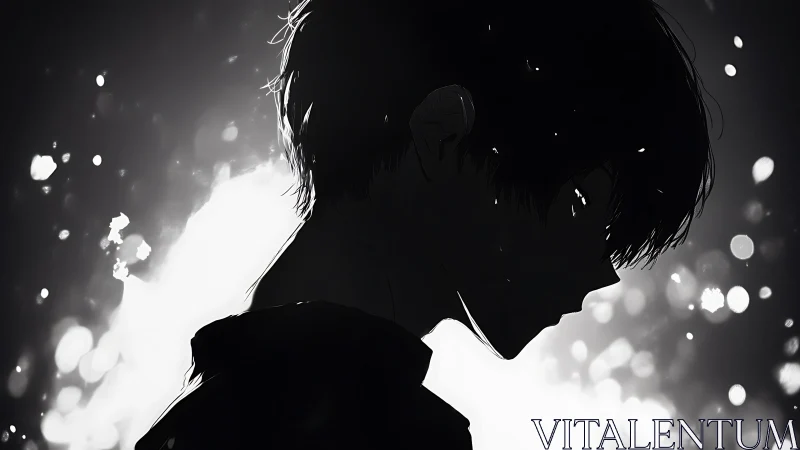 Softly lit anime silhouette lost in quiet night thoughts.
