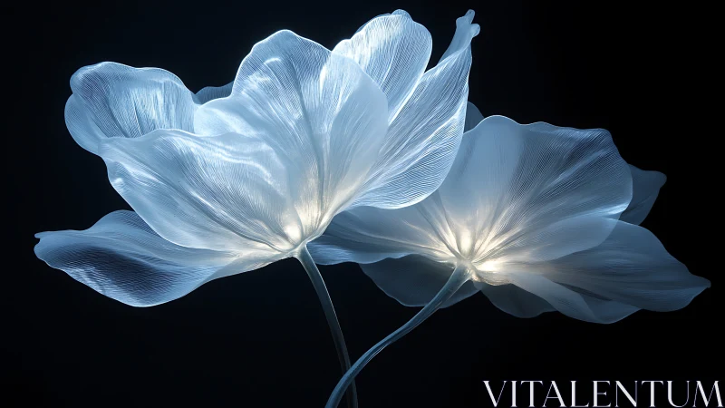 Ethereal Blue Flowers Glowing Against Darkness.