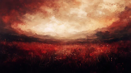 Red grassland under dense clouded sky at distant horizon.