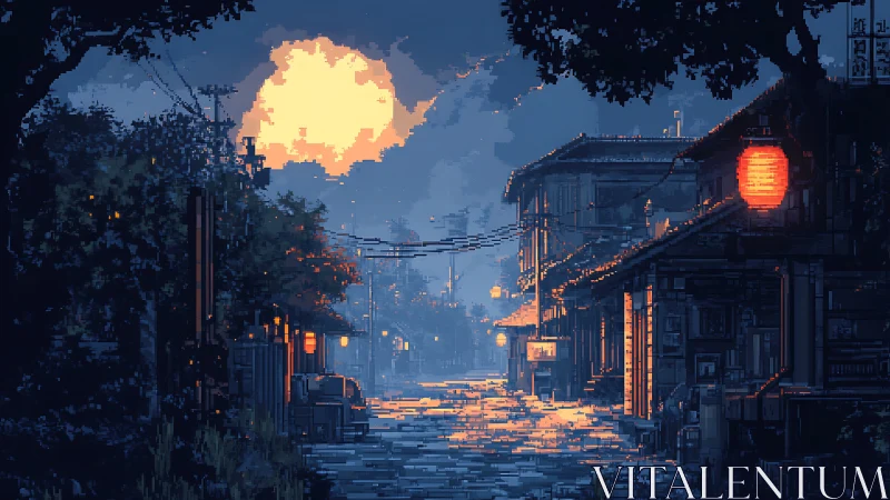 Quiet pixel dusk over a lantern lit nostalgic street.