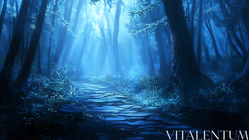 Luminescent forest throughway with volumetric atmospheric light diffusion.