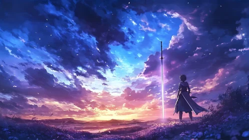 Lone swordsman faces radiant blade under twilight sky.
