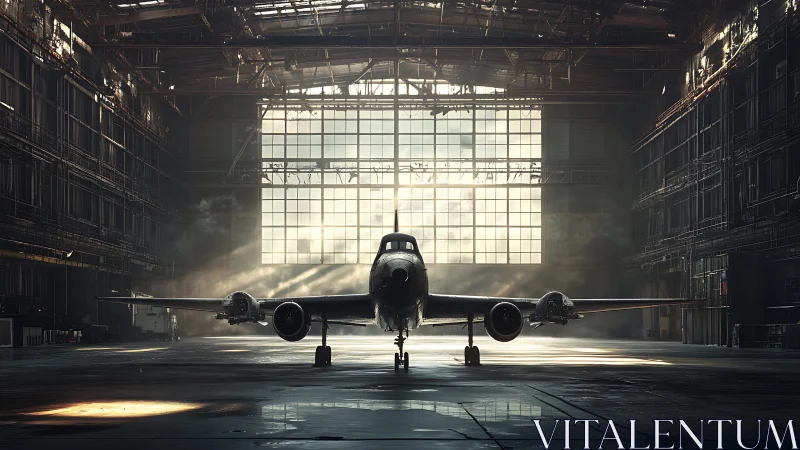 Sunlit vintage jet resting quietly inside an old hangar.