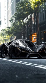 Sleek black supercar gliding confidently through the city streets.