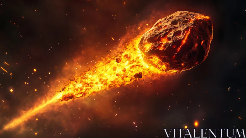 Burning asteroid races through deep space on fiery trail.