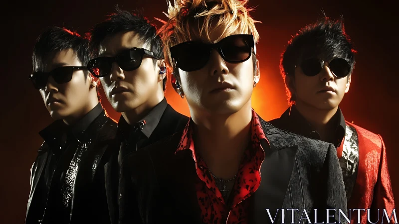 Bold band members stand united in dramatic stage light glow