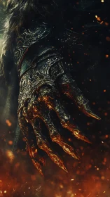Demonic armored claw descends amid drifting embers and ash.