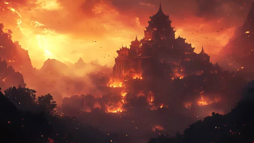 Asian temple complex engulfed in massive firestorm at sunset