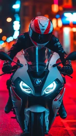Sport bike rider cuts through neon city streets at night