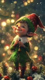 Joyful Christmas elf gazes upward under glowing snowfall