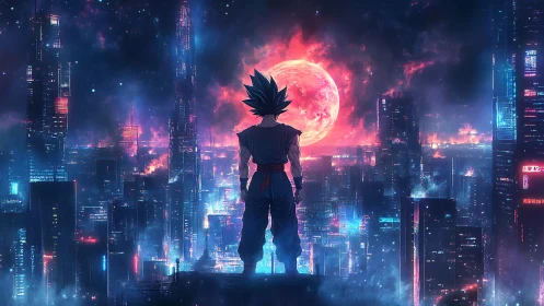 Spiky haired warrior over neon cyberpunk city at night.