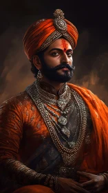 Digital painting portrait of regal Indian noble in orange finery.