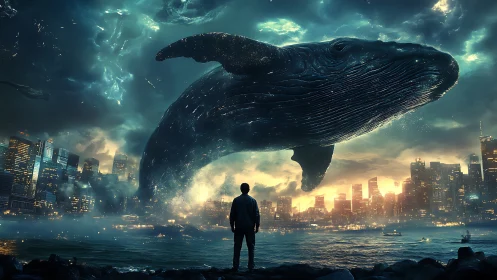 Skywhale encounter above a neon-breathing twilight cityscape.