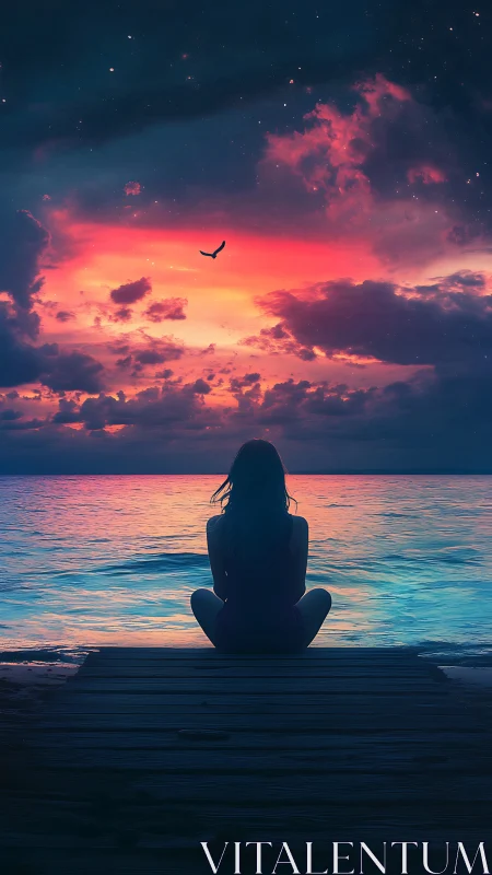 Silhouetted figure observes iridescent ocean under stellar dusk