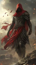 Hooded armored figure strides through burning ruined cityscape