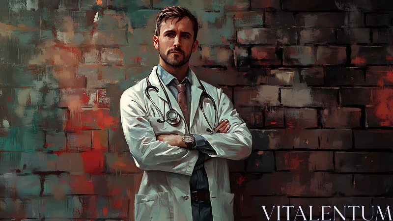 Confident young doctor standing against a bold painted wall.