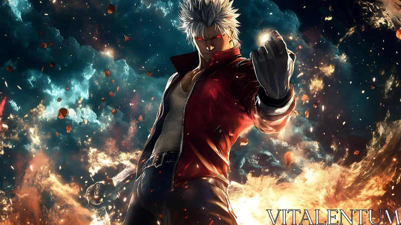 Sky-scorched rebel folds a blazing cosmos into his fist