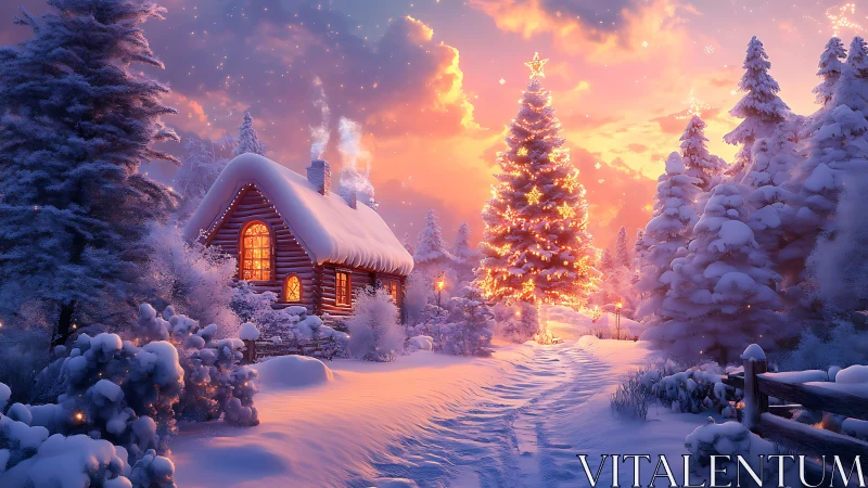 Snowy cabin glows beside illuminated winter Christmas tree.