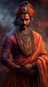 Regal warrior portrait in ornate traditional attire and jewels.