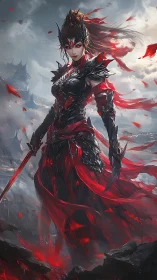 Fierce crimson warrior queen standing in stormlit ruins.
