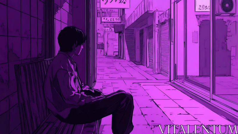 Nocturnal alleyway observer under monochrome magenta luminance.