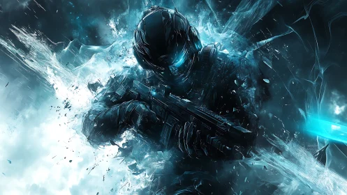 Futuristic armored soldier with rifle in icy energy field.