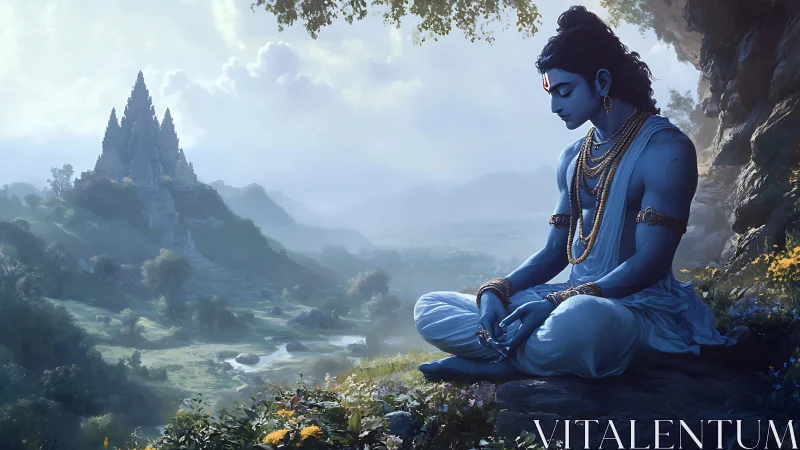 Blue-skinned meditative deity overlooks distant temple valley