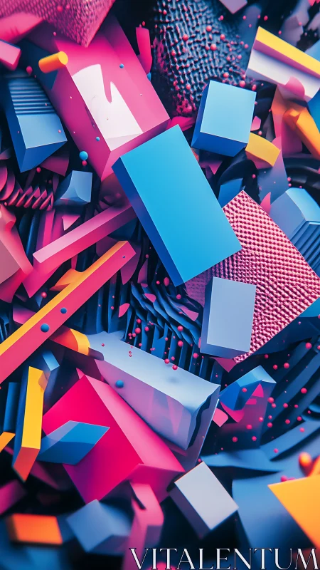 Neon geometric blocks collide inside abstract digital depth