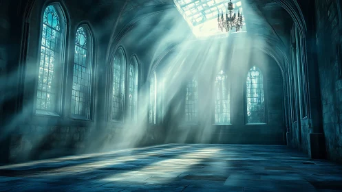 Sunlit gothic hall filled with gentle, misty morning light.